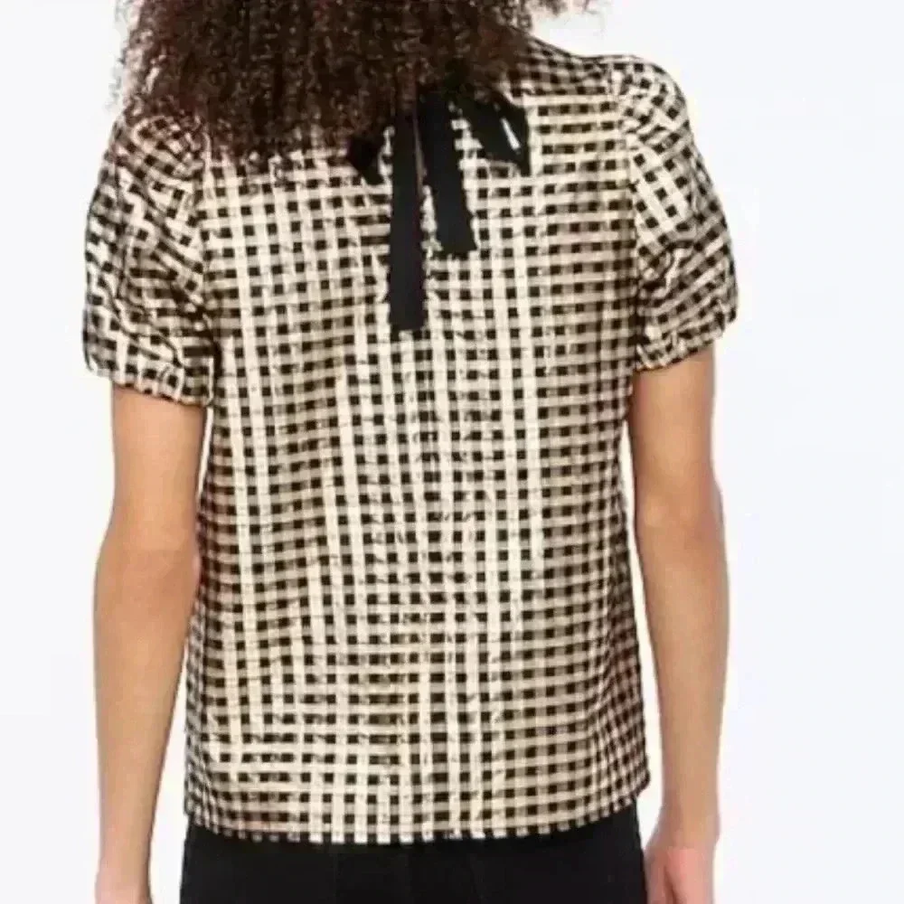 J.Crew Metallic Gold & Black Plaid Puff Sleeve Top Size Medium